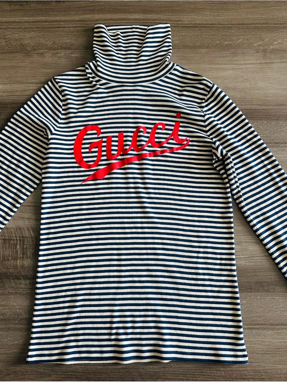 GUCCI Navy & White Striped Long Sleeve Youth Top with Red Branded Signature Logo - Picture 2 of 8